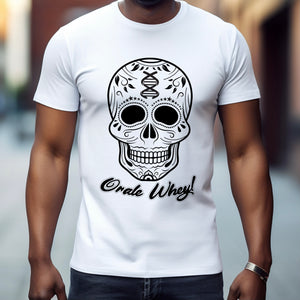 Man wearing Evogen Nutrition white t-shirt with Sugar skull with Orale Whey written on front