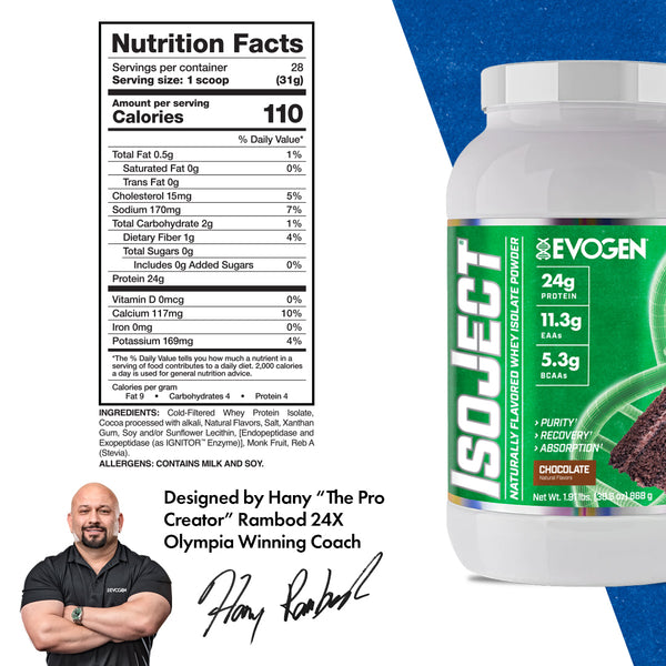 Evogen | IsoJect | Naturally Flavored Whey Isolate Protein Powder| Chocolate | Nutrition Facts Panel Image