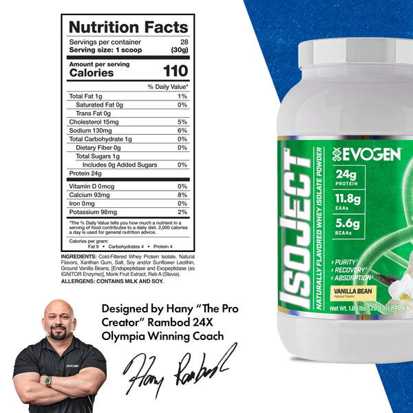 Evogen | IsoJect | Naturally Flavored Whey Isolate Protein Powder| Vanilla Bean | Nutrition Facts Panel Image