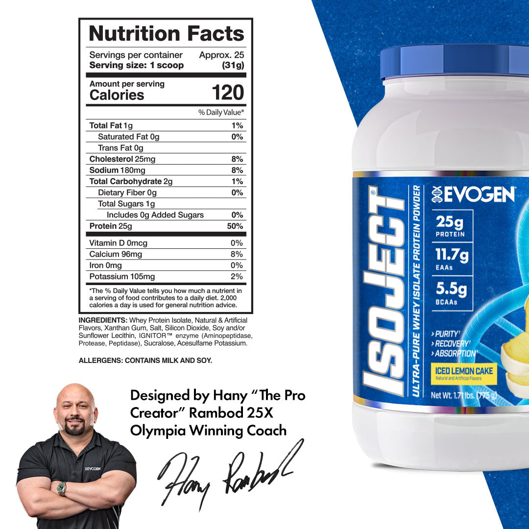 Supplement facts of Isoject Whey Protein Isolate Iced Lemon Cake | Isoject Whey Protein Isolate Iced Lemon Cake | 25 servings