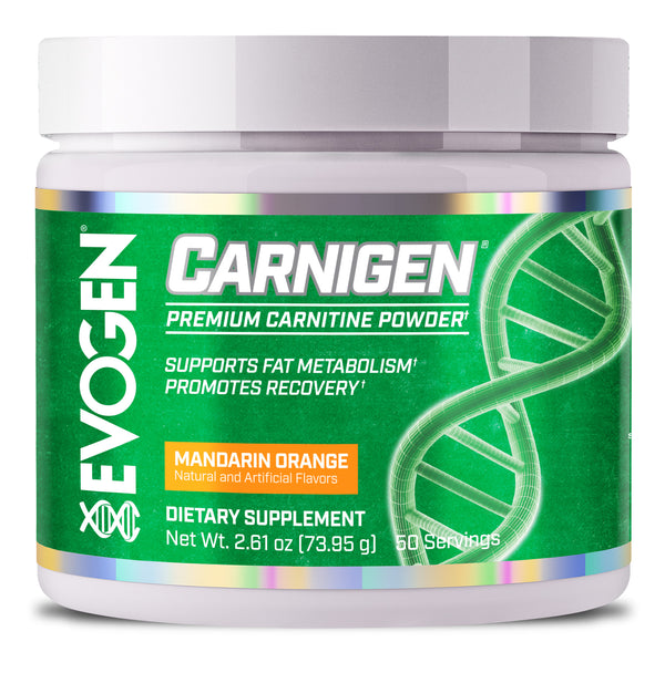 Evogen |  Carnigen |  Carnitine Powder | Mandarin Orange Flavor | Synthetic Sweetener and Flavor Free | Front Image Bottle