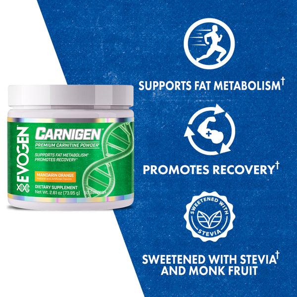 Evogen |  Carnigen |  Carnitine Powder | Mandarin Orange Flavor | Synthetic Sweetener and Flavor Free | Product Call Outs