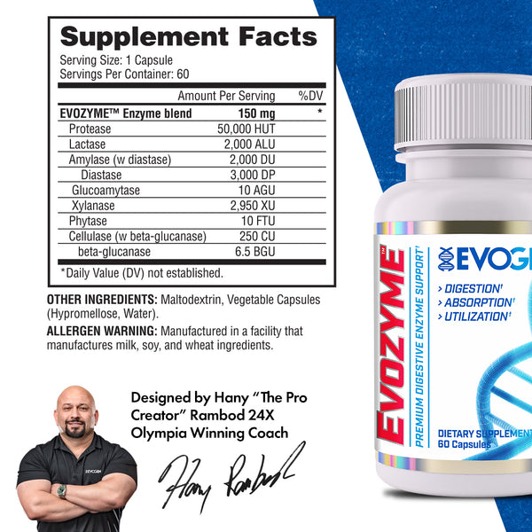 Evogen | Evozyme | Digestive Enzyme Support | 60 Capsules | Supplement Facts Panel Image
