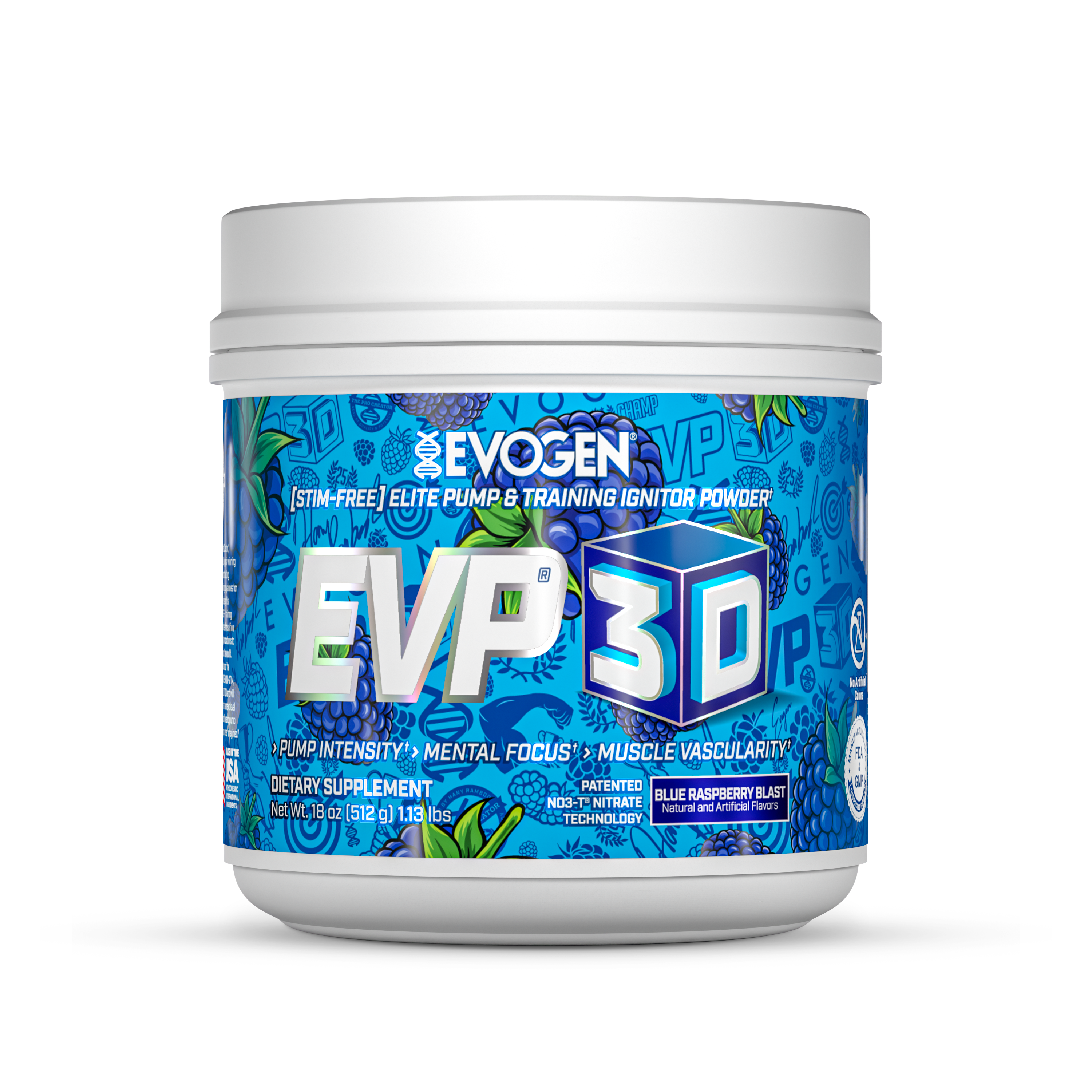 #flavor_blue raspberry blast | Front view of EVP-3D Non-Stim Pre-Workout Blue Raspberry Blast | EVP-3D Non-Stim Pre-Workout Blue Raspberry Blast | 30 servings