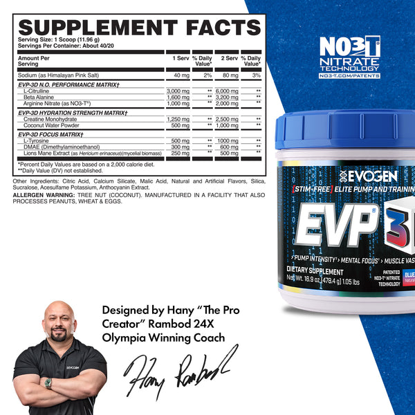 Evogen | EVP-3D | Non-Stimulant Pre-Workout Powder | Blueberry Apple Flavor | Supplement Facts Panel Image
