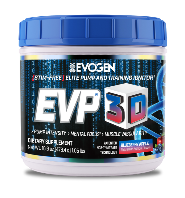 Evogen | EVP-3D | Non-Stimulant Pre-Workout Powder | Blueberry Apple Flavor | Front Image Bottle