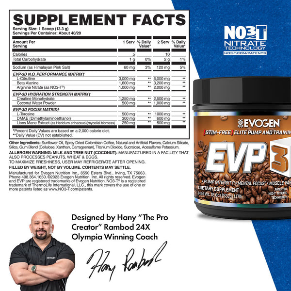 Evogen | EVP-3D | Non-Stimulant Pre-Workout Powder | Caramel Frappe Flavor | Supplement Facts Panel Image