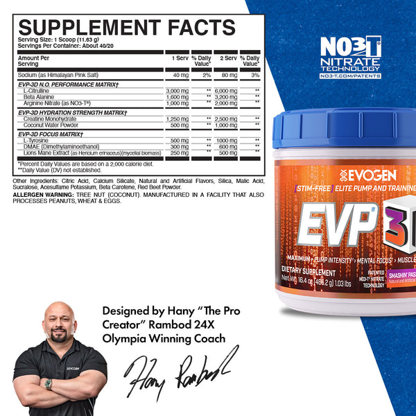 Evogen | EVP-3D | Non-Stimulant Pre-Workout Powder | Smashin' Passion Orange Flavor | Supplement Facts Panel Image