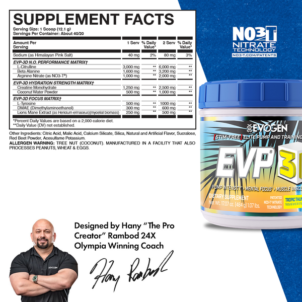 Evogen | EVP-3D | Non-Stimulant Pre-Workout Powder | Tropic Thunder Flavor | Supplement Facts Panel Image