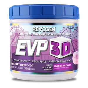 Evogen | EVP-3D | Non-Stimulant Pre-Workout Powder | Grape Cotton Candy Flavor | Front Image Bottle