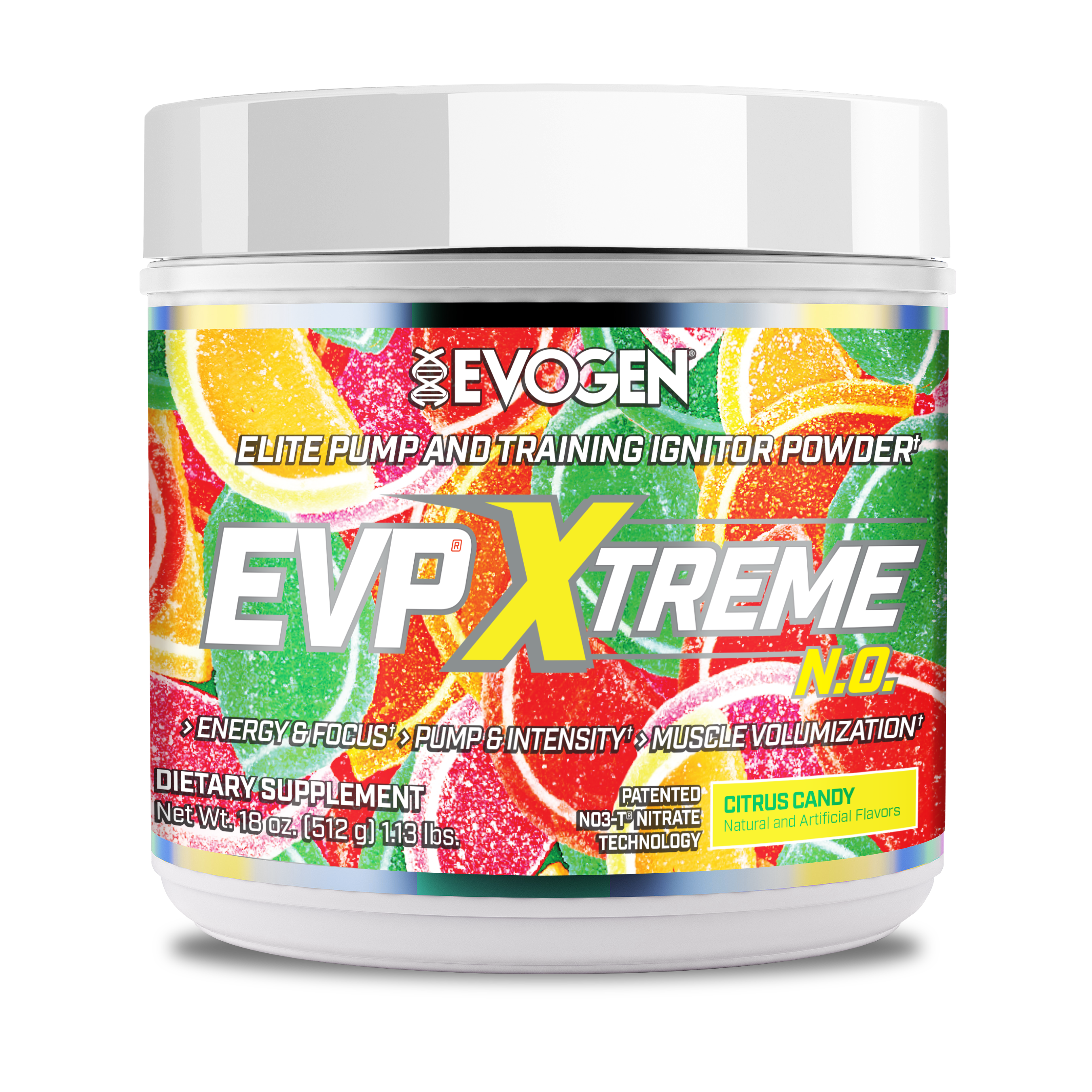 #flavor_citrus candy | Front view of EVP Xtreme N.O. Pre-Workout Citrus Candy | EVP Xtreme N.O. Pre-Workout Citrus Candy | 30 servings