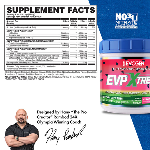 Evogen | EVP Xtreme N.O. | Pre-Workout Powder | Stimulant | Arginine Nitrate | Sour Watermelon Flavor | Supplement Facts Panel Image
