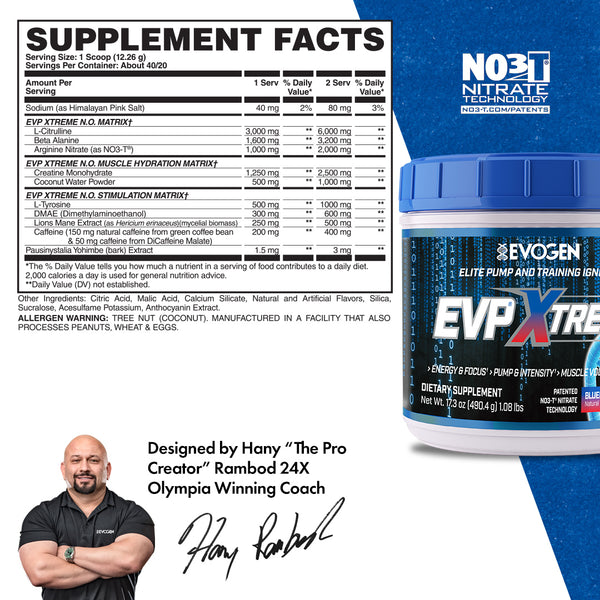 Evogen | EVP Xtreme N.O. | Pre-Workout Powder | Stimulant | Arginine Nitrate | Blueberry Apple Flavor | Supplement Facts Panel Image