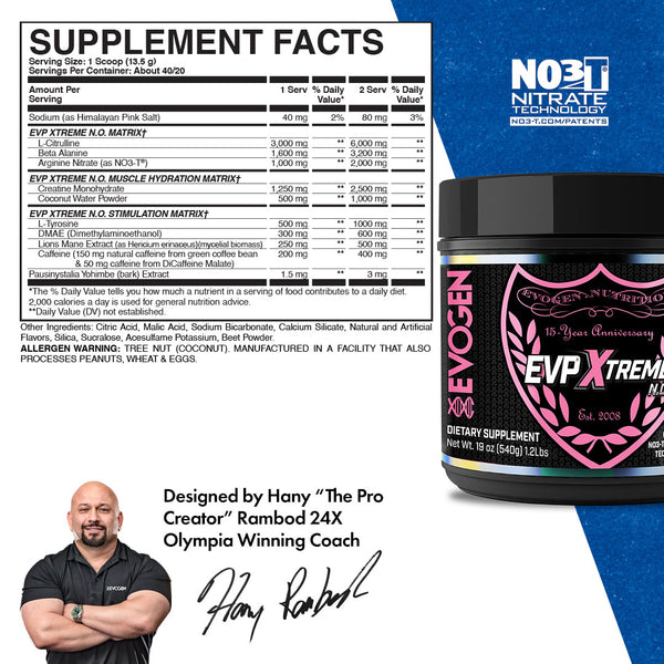 Evogen | EVP Xtreme N.O. | Pre-Workout Powder | Limited Edition 15-Year Anniversary Flavor | Stimulant | Arginine Nitrate | Pink Rose' Flavor | Supplement Facts Panel Image