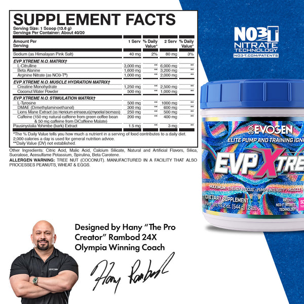 Evogen | EVP Xtreme N.O. | Pre-Workout Powder | Stimulant | Arginine Nitrate | Sour Candy Flavor | Supplement Facts Panel Image