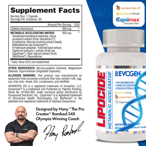 Evogen | Lipocide | Metabolic Accelerator | 60 Capsules | Supplements Facts Panel Image