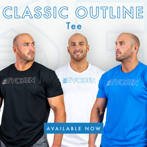evogen banner ad for classic outline tee in black, white, and arctic blue featuring leland wakamatsu