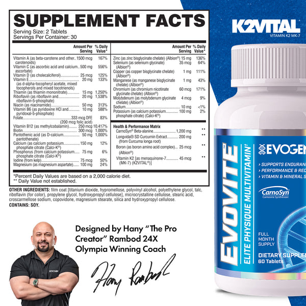 Evogen | Evovite | Immune Boosting Elite Sport Multivitamin | tablet | Supplement Facts Panel Image