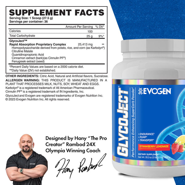 Evogen | GlycoJect | Carbohydrate Endurance Powder | NEW Strawberry Lemonade Flavor | Supplement Facts Panel