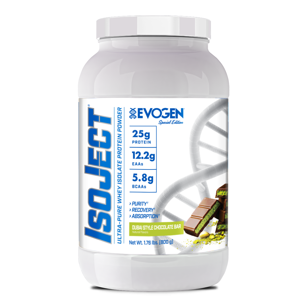 #flavor_dubai style chocolate bar | Front view of Isoject Whey Protein Isolate Dubai Chocolate Bar | Isoject Whey Protein Isolate Dubai Chocolate Bar | 25 servings