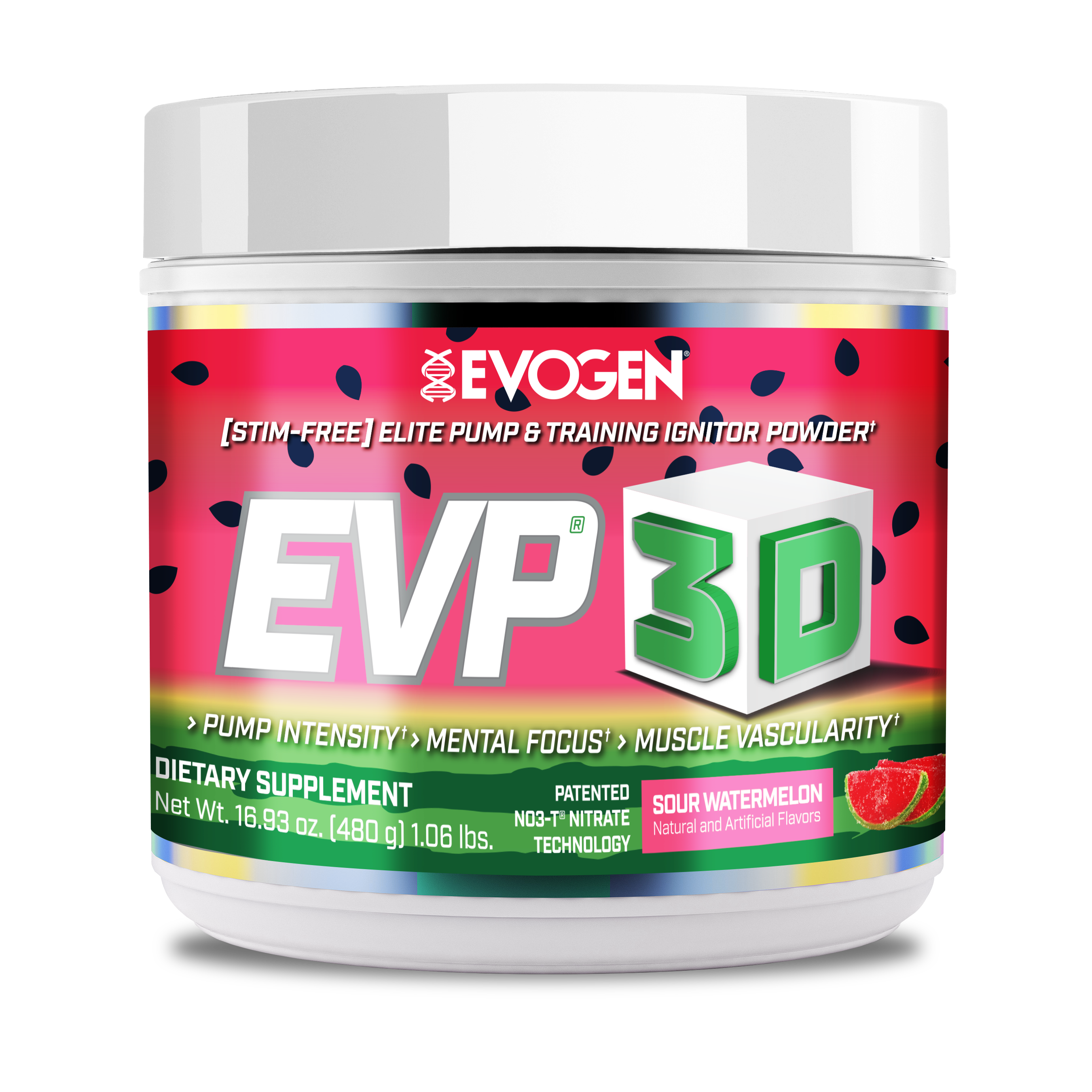 #flavor_sour watermelon | Front view of EVP-3D Non-Stim Pre-Workout Sour Watermelon | EVP-3D Non-Stim Pre-Workout Sour Watermelon | 30 servings