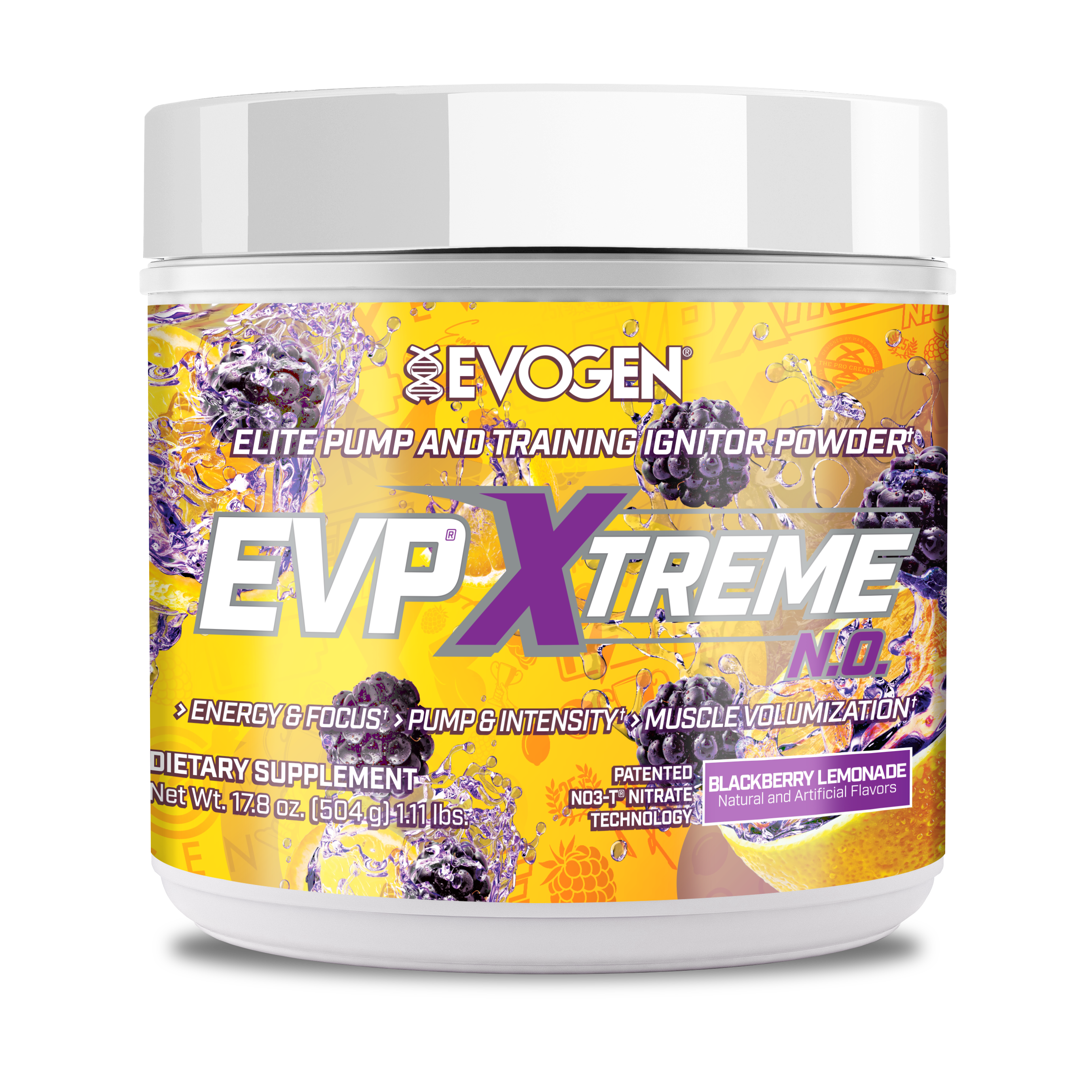 #flavor_blackberry lemonade | Front view of EVP Xtreme N.O. Pre-Workout Blackberry Lemonade | EVP Xtreme N.O. Pre-Workout Blackberry Lemonade | 30 servings