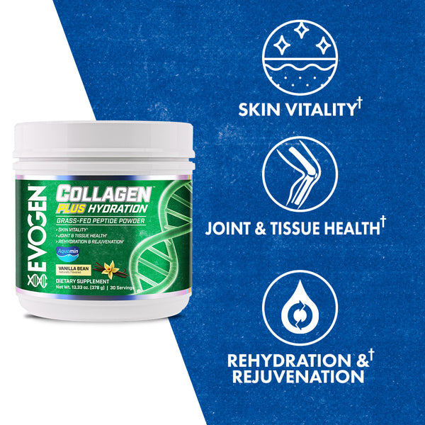 Evogen | Collagen Plus Hydration | Grass-Fed Peptide Powder | Vanilla Bean Flavor | Product Call Outs