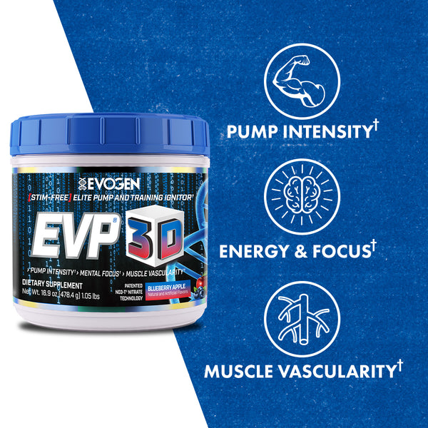 Evogen | EVP-3D | Non-Stimulant Pre-Workout Powder | Blueberry Apple Flavor | Product Call Outs