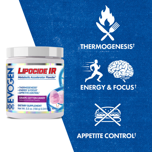 Evogen | Lipocide IR | Metabolic Accelerator Powder | Grape Cotton Candy Flavor | Product Call Outs