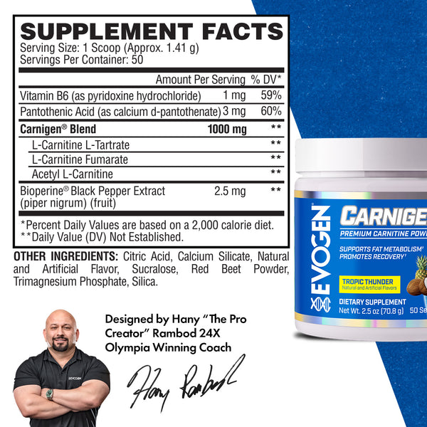 Evogen | Carnigen | Carnitine Powder | Tropic Thunder Flavor | Supplement Facts Panel