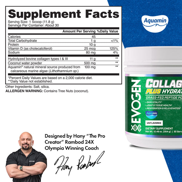 Evogen | Collagen Plus Hydration | Grass-Fed Peptide Powder | Unflavored | Supplement Facts Panel Image