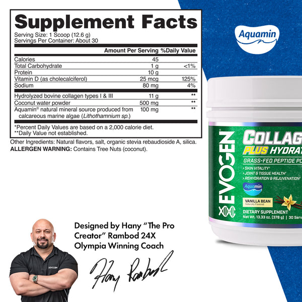 Evogen | Collagen Plus Hydration | Grass-Fed Peptide Powder | Vanilla Bean Flavor | Supplement Facts Panel Image