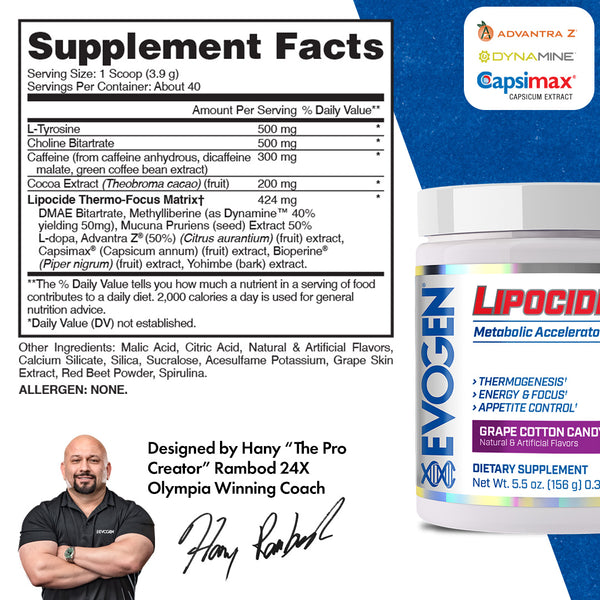 Evogen | Lipocide IR | Metabolic Accelerator Powder | Grape Cotton Candy Flavor | Supplement Facts Panel Image