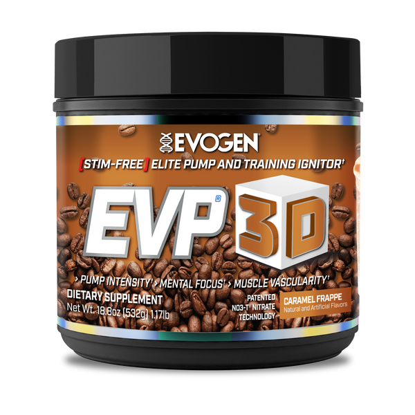 Evogen | EVP-3D | Non-Stimulant Pre-Workout Powder | Caramel Frappe Flavor | Front Image Bottle