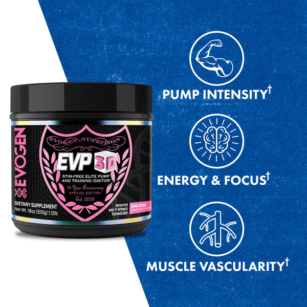 Evogen | EVP-3D | Non-Stimulant Pre-Workout Powder | Limited Edition 15-year anniversary Flavor | Pink Rose' Flavor | Product Call Outs