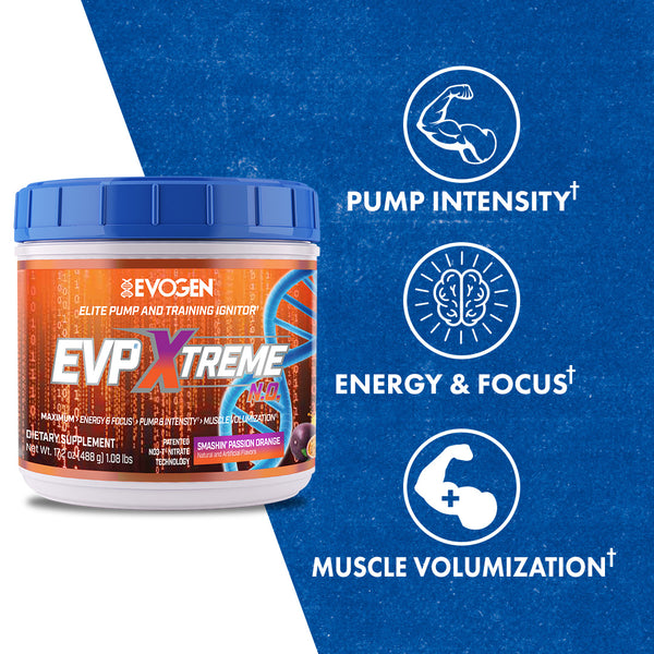 Evogen | EVP Xtreme N.O. | Pre-Workout Powder | Stimulant | Arginine Nitrate | Smashin' Passion Orange Flavor | Product Call Outs