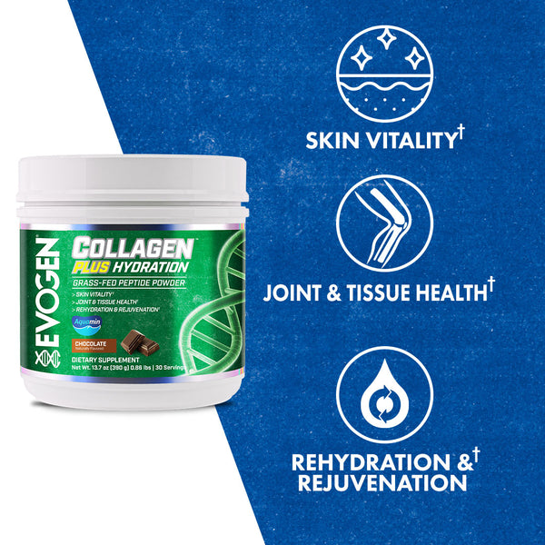 Evogen | Collagen Plus Hydration | Grass-Fed Peptide Powder | Chocolate Flavor | Product Call Outs