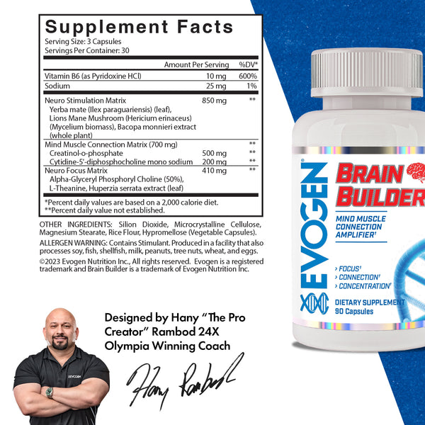 Evogen | Brain Builder | Mind Muscle Connection Amplifier | Capsules | Supplement Facts Panel