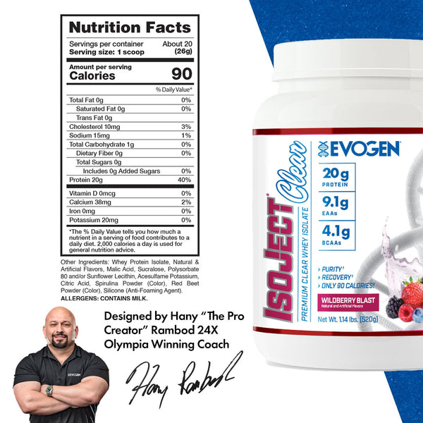 Evogen | IsoJect Clear | Whey Isolate Protein Powder| Only 90 Calories | Wildberry Blast Flavor |  Nutrition Facts Panel
