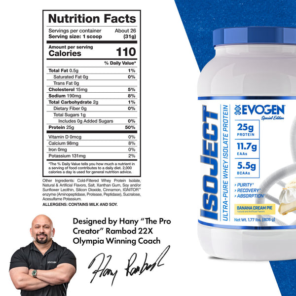 Evogen | IsoJect | Whey Isolate Protein Powder| Banana Cream Pie Flavor | Nutrition Facts Panel Image