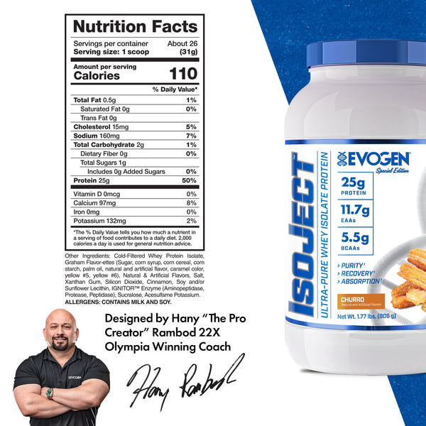 Evogen | IsoJect | Whey Isolate Protein Powder| Churro Flavor | Nutrition Facts Panel