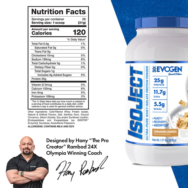 Evogen | IsoJect | Whey Isolate Protein Powder| Cinnamon Crunch Flavor | Nutrition Facts Panel Image