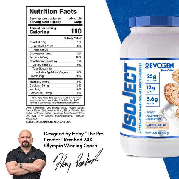 Evogen | IsoJect | Whey Isolate Protein Powder| Oatmeal Cookie Flavor | Nutrition Facts Panel Image