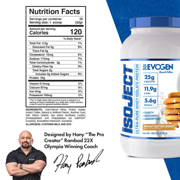 Evogen | IsoJect | Whey Isolate Protein Powder| Peanut Butter Cookie Flavor | Nutrition Facts Panel Image