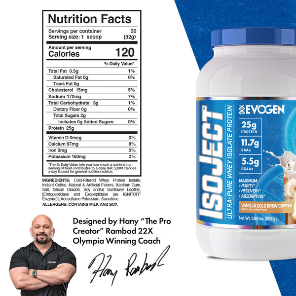 Evogen | IsoJect | Whey Isolate Protein Powder| Vanilla Cold Brew Coffee Flavor | Nutrition Facts Panel Image