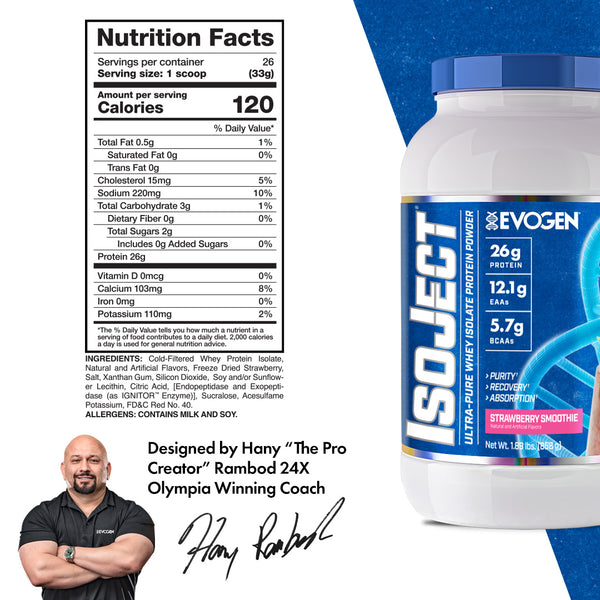 Evogen | IsoJect | Whey Isolate Protein Powder| Strawberry Smoothie Flavor | Nutrition Facts Panel 