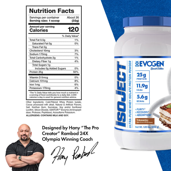 Evogen | IsoJect | Whey Isolate Protein Powder| Tiramisu Flavor | Nutrition Facts Panel Image