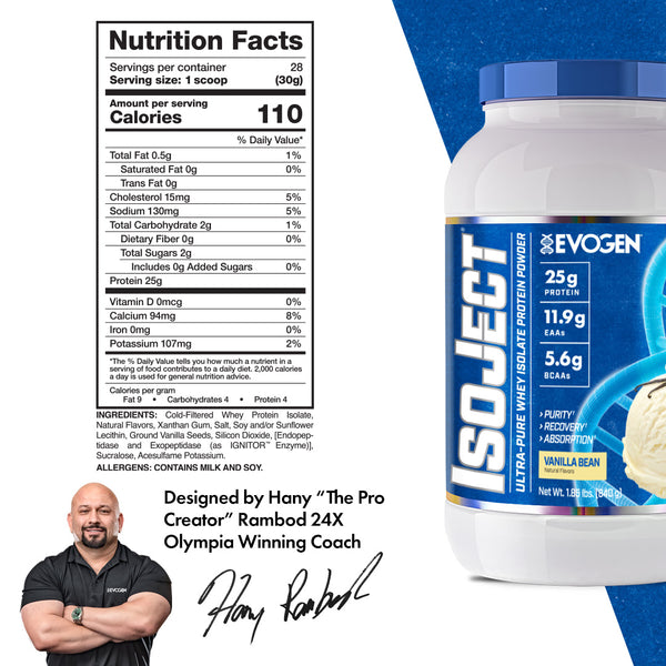 Evogen | IsoJect | Whey Isolate Protein Powder| Vanilla Bean Flavor | Nutrition Facts Panel Image