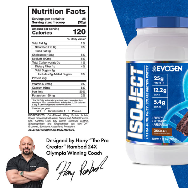 Evogen | IsoJect | Whey Isolate Protein Powder| Chocolate Flavor | Nutrition Facts Panel Image