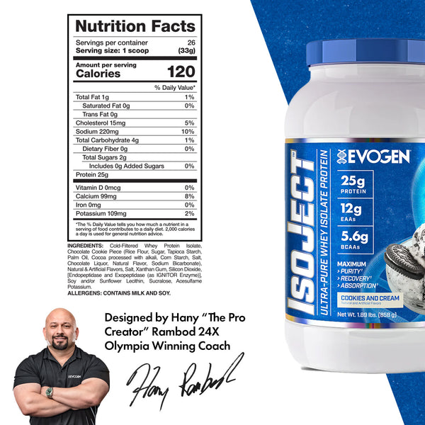 Evogen | IsoJect | Whey Isolate Protein Powder| Cookies and Cream Flavor | Nutrition Facts Panel Image
